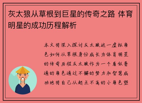 灰太狼从草根到巨星的传奇之路 体育明星的成功历程解析